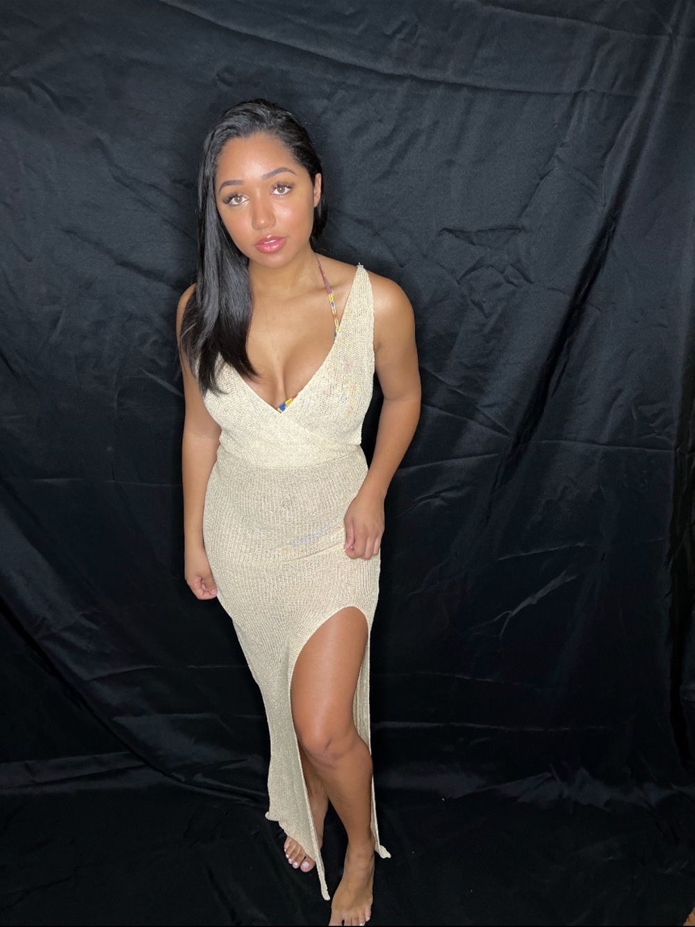 Gold Knit V-Neck Maxi Dress Cover Up with Side Slit
